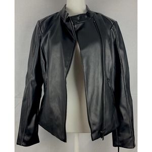 NWT DKNY Zip Front Faux Leather Moto Jacket Black W/ Tiny Metallic Detail Trim